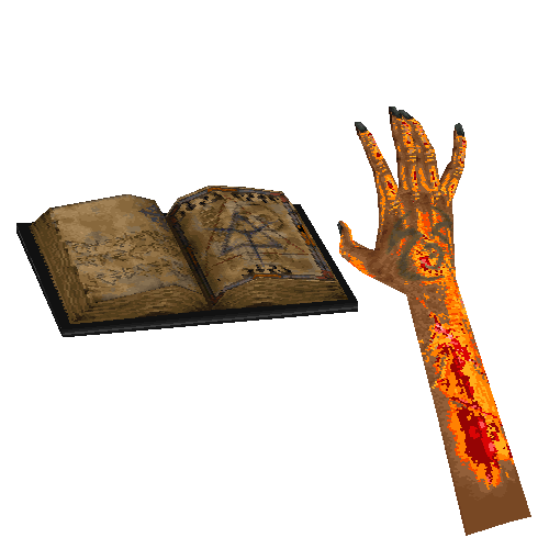 Animation of a bloody hand using magic to flip the pages of a a grimoire